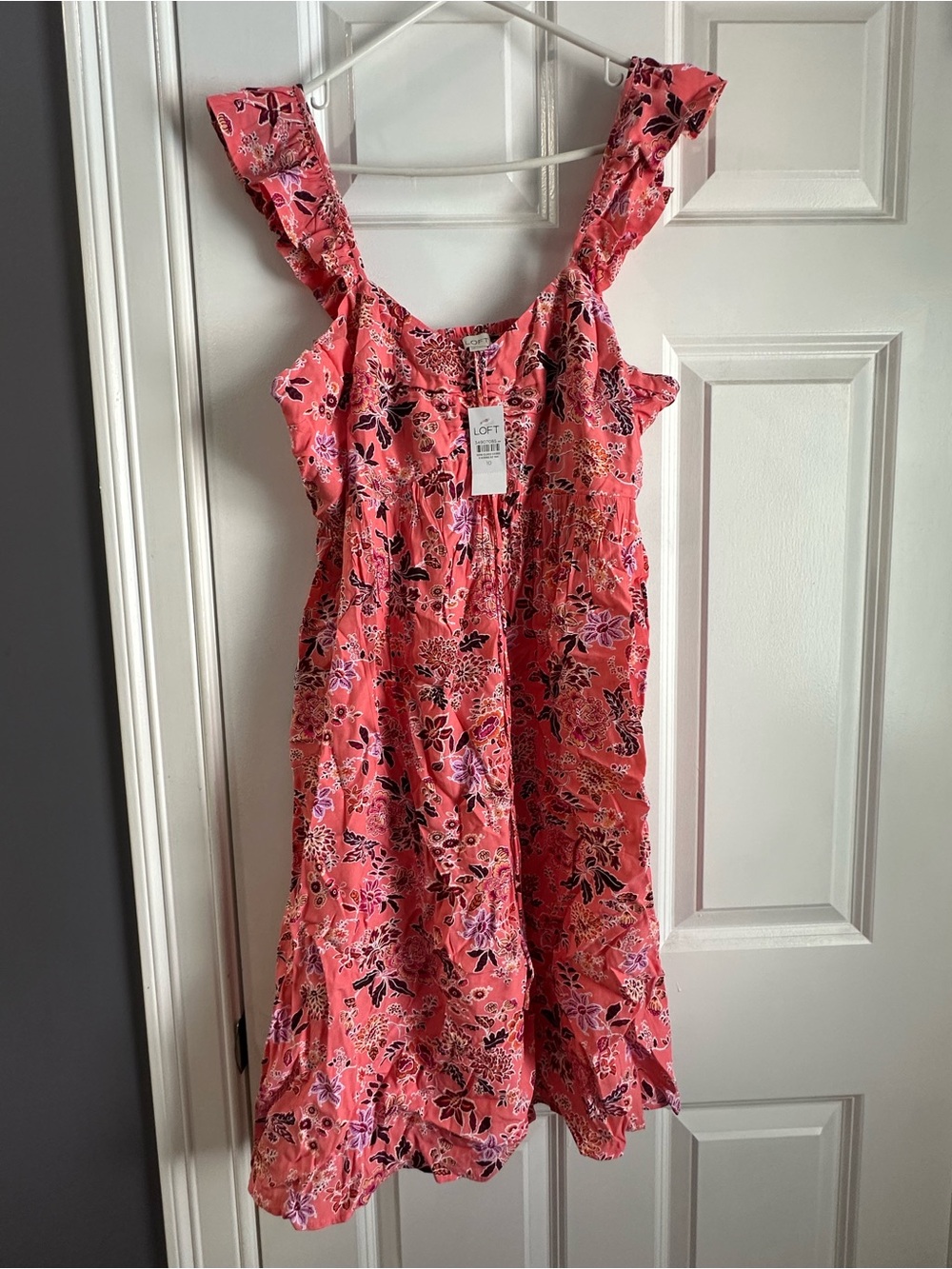 LOFT Coral Pink Floral Ruffle-Strap Dress